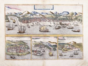 Udsigt over Calcutta, Indien, og under mindre udsigter over Ormuz ved indgangen til Den Persiske Golf, Canonor i Indien og den portugisiske fæstning El Mina i Vestafrika, 1572