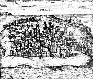 Udsigt over Mombaza, fra Georg Brauns Civitates orbis terrarum, udgivet i 1572, graveringsdetalje af 483404 af Georg Braun und Franz Hogenberg