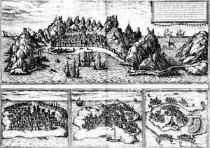 Udsigt over Aden, Mombaza, Quiloa og Cefala, fra Georg Brauns "Civitates orbis terrarum", udgivet i 1572