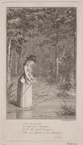 En ung dame står i en skov ved vandbred af Georg Christian Schule