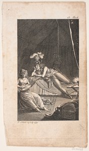 Illustration med en dame der spiller lut for en herre i et telt af Georg Christian Schule