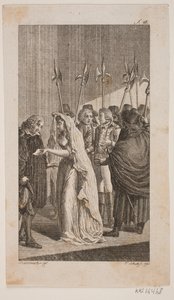 Illustration med en ung dame, der giver et brev til en ældre mand. I baggrunden to herre omgivet af byvagter af Georg Christian Schule