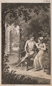 Illustration med par på bænk i en have af Georg Christian Schule