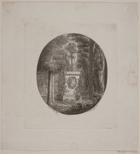 Postament med Amor og Psyke samt en anden skulptur i en have af Georg Christian Schule