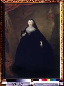 ""Portræt af Elisabeth Petrovna (1709-1762) Kejserinde af Rusland under navnet Elisabeth I, datter af Peter den Store"" Hun er forklædt, holder en maske i hånden. Maleri af Georg-Christoph (Georg Christoph) Grooth (1716-1749) 1748 State Tretyakov G