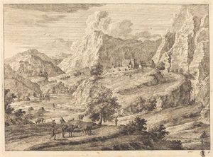 Bjergrigt Landskab med Figurer og et Kloster af Georg Eisenmann