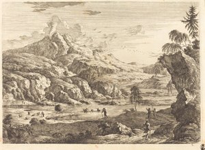 Bjergrigt flodlandskab med figurer af Georg Eisenmann