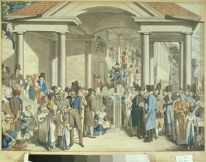 Sundhedsfællesskab ved Karlsbader-fontænen, 1810 (akvatintetegning) af Georg Emanuel Opitz