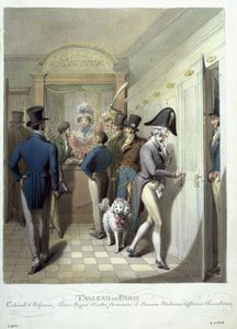 Kontoret for Theatre Francais, fra Tableau de Paris, 1815-30 (wc på papir) af Georg Emanuel Opitz