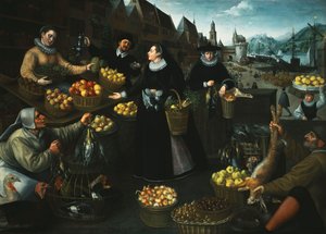 En allegori om efteråret: En frugt- og grøntsagsbod over Weinmarkt i Frankfurt,