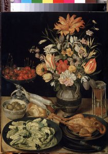 ""Stilleben med blomster, kylling, timeglas, oliven, kirsebær og kål"" (Stilleben med blomster og snack) Maleri af Georg Flegel (1566-1638) 1630-1635 Dim. 52,5x41 cm Eremitagemuseet, Sankt Petersborg
