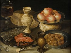 Stilleben med Siegburg stentøjskande, glas, kniv, to brød, begyndelsen af 1600-tallet..