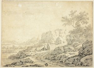 Klippelandskab med figurer og hund på sti af Georg Friedrich Dietzsch