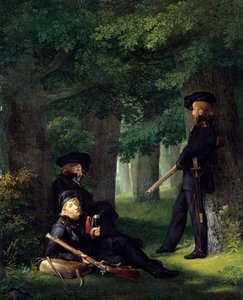 ""Les avant-poste"" (Forposttjeneste) (Portrætter af Theodor Koerner (1791-1813, digter og preussisk militær), Karl Friedrich Friesen (1784-1814, pædagog og franc-skytte) og Heinrich Hartmann) Maleri af Georg Friedrich Kersting (1785-1847) 1815 Dim 46x35 c