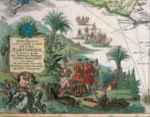 Kort over Martinique lavet af Matthieu Seutter, detaljer: Købmænd og indianer af Georg Matthäus Seutter