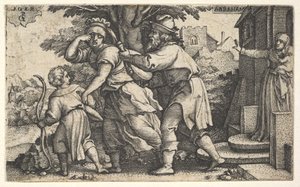 Abraham sender Hagar og Ismael væk: Abraham holder et kar frem som Hagar og Ishm..., ca. 1543. af Georg Pencz