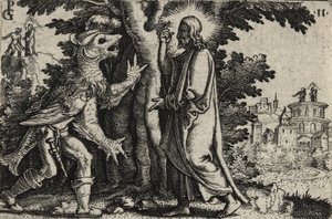 Kristus fristet af Djævelen i ørkenen (gravering på lagt papir) af Georg Pencz