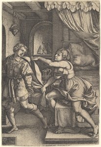 Joseph skrider væk fra Potifars kone, som griber om hans kappe med begge hænder, mens hun st..., 1546. af Georg Pencz