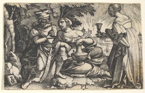 Lot og hans døtre: en datter i midten hviler sin højre arm på Lots knæ og en ve..., ca. 1531. af Georg Pencz