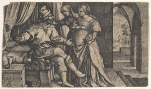 Sarah præsenterer Hagar for Abraham, der sidder ved fodenden af en seng, fra serien The..., ca. 1543. af Georg Pencz