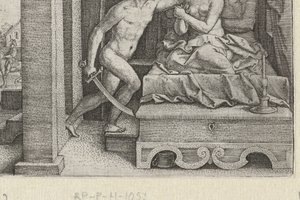Sextus voldtager Lucretia under trussel om sværd Historier fra tidlig romersk historie (serietitel) af Georg Pencz