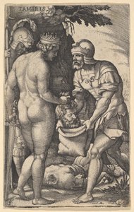Tomyris, vist nøgen bagfra, placerer Cyrus hoved i en sæk holdt af en soldat..., ca. 1539.