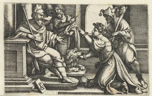 Kvinde erklærer sin uskyld under ed sandhedens mund Bocca della Verita af Georg Pencz
