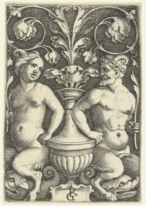 Kvinde og mandlig satyr Overfladedekorationer med grotesker og bladranker (serietitel) af Georg Pencz