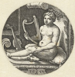 Siddende nøgen kvinde med en harpe harpespiller