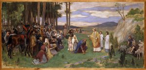Anschaire (Oscar) de Breme (801-865) preche le christianisme en Scandinavie - Ansgar Preaching Christianity, af Pauli, Georg (1855-1935). Olie på lærred. Mål: 64x136 cm. Nationalmuseum Stockholm