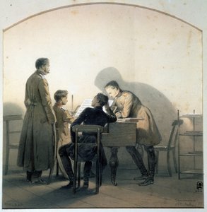 Ved klaveret (Ved klaveret). Russiske soldater spillede klaver under Krimkrigen. Maleri af George Wilhelm Timm (1820-1895). Akvarel og blyant på papir, 20,8 x 20,1 cm