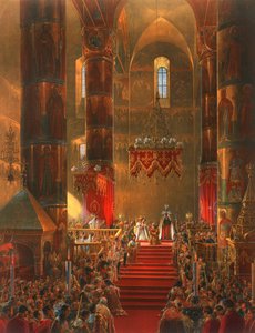 Metropolitan genuflerer ved kroningsceremonien af zar Alexander II, Moskva, 1856.