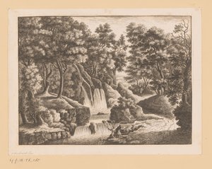 Vandfald i skov med to fiskere i forgrunden af Georg Wolfgang Knorr (possibly)