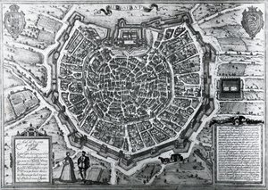 Bykort over Milano, i 1572, af Antonio Lafreri (1512-1577), udgivet af Georg Braun og Franz Hogenberg, Italien
