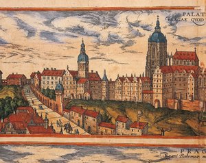 Tjekkiet, Prag, Udsigt over citadellet, farvegravering fra Civitates Orbis Terrarum af Georg Braun (1541-1622) og Franz Hogenberg (1535-1590)