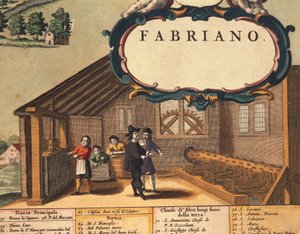 Detalje, der repræsenterer papirindustrien i byen Fabriano, af Georg Braun af Georg Braun and Hogenberg Franz