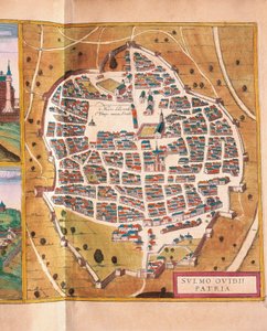 Italien, Sulmona, Byen Sulmona fra Civitates Orbis Terrarum af Georg Braun og Franz Hogenberg, kobberstik