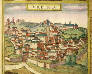 Italien, Urbino, Udsigt over byen, farvegravering fra Civitates Orbis Terrarum af Georg Braun (1541-1622) og Franz Hogenberg (1535-1590)