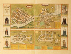 Kort over Galway, Dublin, Limerick og Cork fra Civitates Orbis Terrarum af Georg Braun