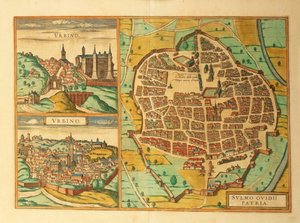 Kort over Urbino og Sulmona, Italien, fra Civitates Orbis Terrarum af Georg Braun