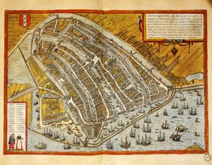 Holland, kort over Amsterdam fra Civitates Orbis Terrarum af Georg Braun (1541-1622) og Franz Hogenberg (1535-1590), gravering