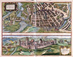 Poznan og Krosno, Polen (gravering af Georg Braun and Hogenberg Franz