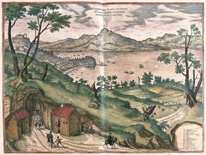 Napoli-bugten og Vesuve, Italien, i 1579 (gravering