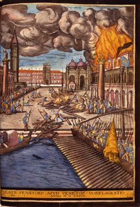 Den store brand i hertugpaladset på Markuspladsen i Venedig i 1577. Indgravering af George Braun I "" Civitatis Orbis Terrarum"" bind I skrevet af Franz Hogenberg (1535-1590)