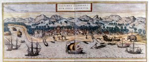 Udsigt over Kozhikode eller Calicut i Indien fra Atlas "Civitates Orbis Terrarum" af Braun & Hogenberg
