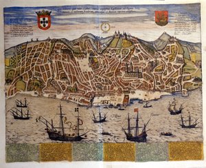 Udsigt over Lissabon i slutningen af det 16. århundrede. Atlas "Civitates Orbis Terrarum" af Braun & Hogenberg