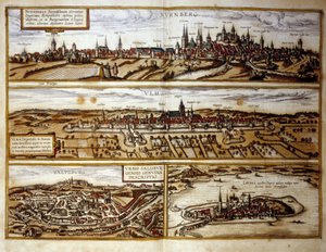 Udsigt over de tyske byer Nürnberg og Ulm, Salzburg, Østrig. Indgravering fra Atlas over "Braun og Hogenberg" 1572
