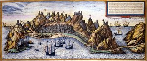 Udsigt over byen Aden i Yemen fra Atlas "Civitates Orbis Terrarum" af Braun & Hogenberg