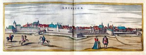 Udsigt over byen Leipzig i Tyskland. Gravering fra Atlas af "Braun og Hogenberg" fra begyndelsen af det 17. århundrede