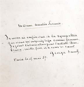 Brev fra George Sand (Aurore Dupin, Baronne Dudevant) (1804-1876) til Madame Amalia Ferraris, Paris 19. marts